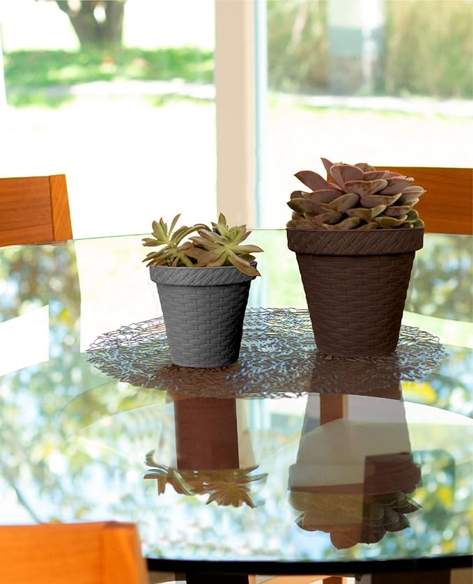 Elly Décor Set of 2 10 inch Round Saucer Modern Self Watering Planter Plates, Pots with Rattan-Like Finish, 10x10 Onix Gray