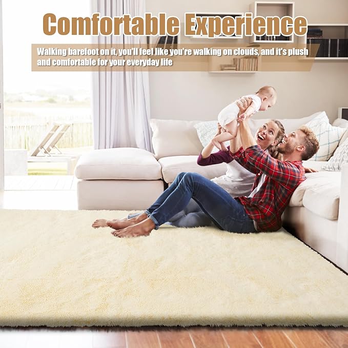 8x10 Fluffy Area Rugs for Living Room,Shag Area Rug for Bedroom,Ivory Soft Fuzzy Rug Non-Shedding Indoor Plush Carpet for Kids Bedroom Nursery Home Decor