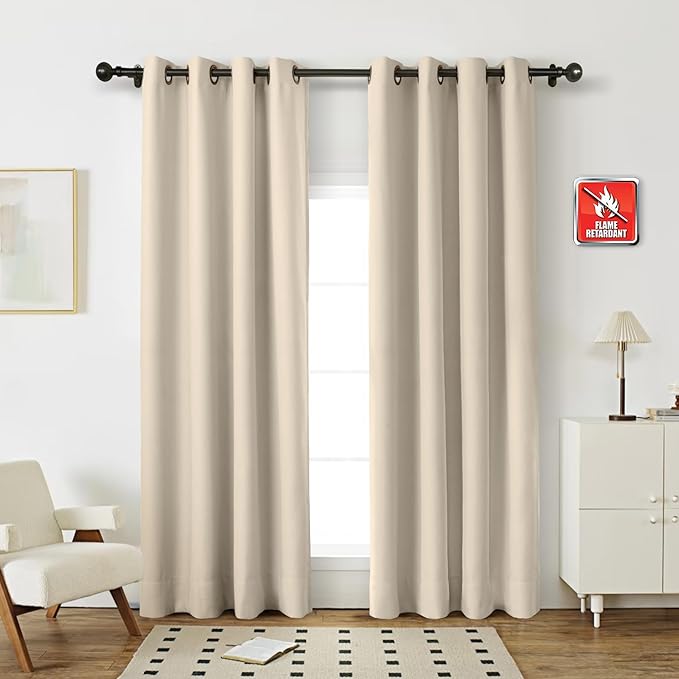 Fcosie 52" Wx63 L Inherent Flame Retardant Curtains - Room Darkening Drapes for School Classroom Dorm Nursing Home Restaurant- Antique Bronze Grommet Top Privacy Window Drapery - Beige - 2 Panels