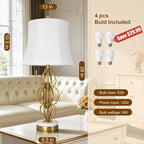 Scenekoy Table Lamp Set of 2 with USB Ports, Pull Chains Switch, 28” Gold Leaf Curved Iron Art Bedside Lamps with Linen Shade for Living Room Bedroom, Nightstand Lamps for Home Room Decor