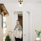 Industrial Semi Flush Mount Ceiling Light Brass, 800 Lumen LED Bulb Included, Clear Glass Shade Ceiling Light Fixture, Light Fixture for Hallway Bathroom Bedroom, Vintage Hanging Light Fixtures