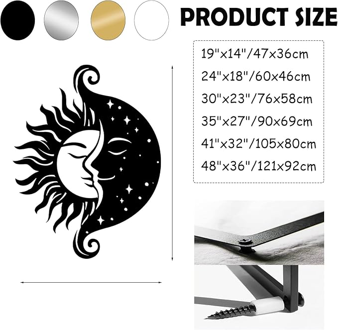 Tuglona Sun and Moon Metal Wall Art, Sun Metal Wall Decor, Moon Wall Art, Boho Wall Decor, Celestial Wall Decoration, Modern Celestial Wall Hanging, Bathroom Wall Hanging (Black, 41"x32"/105x80cm)