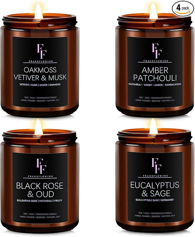Scented Candles Set, Candles for Home Scented Soy Wax Candle, 4 Pack 28 Oz Aromatherapy Candles Gift Set for Women Men (Patchouli/Vetiver/Sage/Rose)