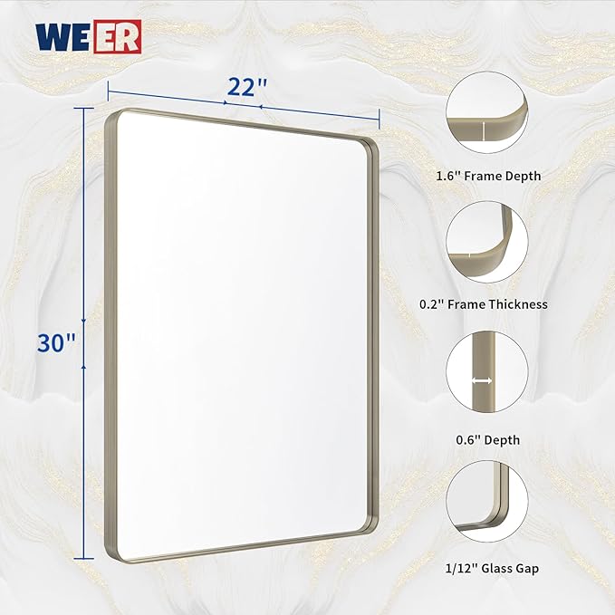 WEER 22X30 Inch Brushed Nickel Bathroom Mirror, Brushed Silver Metal Frame Mirror, Rounded Rectangle Silver Bathroom Vanity Mirror, Tempered Glass, Anti-Rust, Hangs Horizontally or Vertically