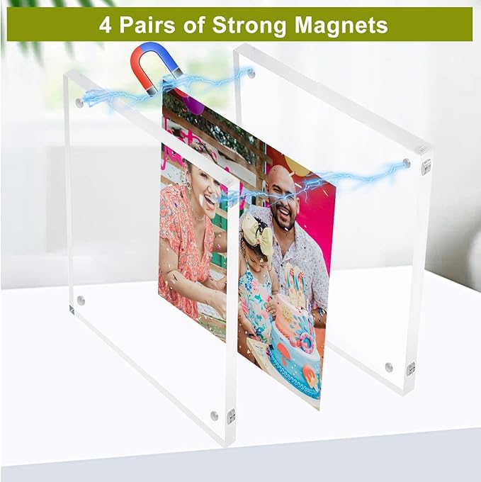 3 x 3 Acrylic Picture Frames 8 Pack, Clear Frameless Magnetic Double Sided Photo Frame, Self Standing Desktop Display Stand for Bedroom Living Room Home