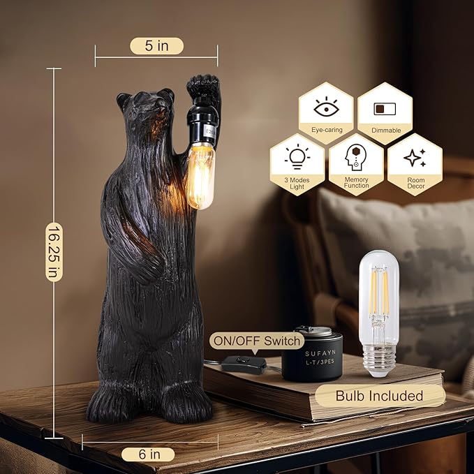 Scenekoy Bear Table Lamp for Living Room Bedroom, Memory Function, 3 Way Cycling Dimming, Resin Gothic Style Bedside Nightstand Lamps, Rustic Night Light Home Room Decor (Bulb Included)