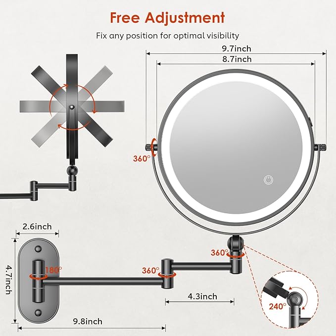 9" Wall Mounted Lighted Makeup Mirror,4000mAh Rechargeable Double Sided 1X/20X Magnifying Mirror with Light,Touch Dimmable,Extended Arm 360 Rotation Wall Mounted Makeup Mirror 3 Color Lights-B