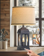 QiMH Table Lamp for Living Room, Farmhouse Lamps with USB A+C and Nightlight, 26" Rustic Bedside Lamps with 3-Way Dimmable Touch Control, Nightstand Lamp for Bedroom, Shabby Grey, 1 Pack