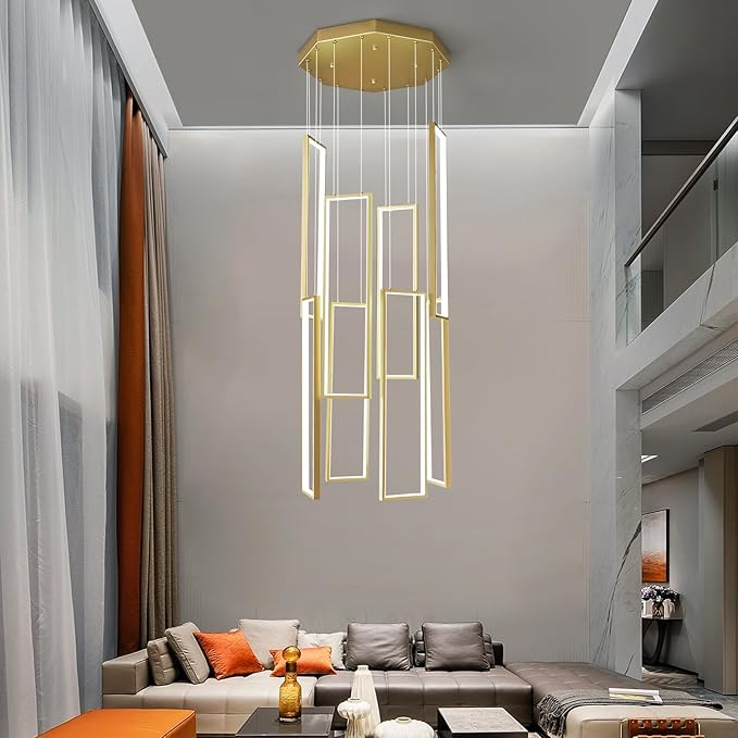 Modern Kitchen Island Dimmable Pendant Light Fixture Gold 144W LED Pendant Lights 8 Rings Rectangular Chandelier Staircase Large Chandelier Lobby Living Room Foyer High Ceiling Chandeliers