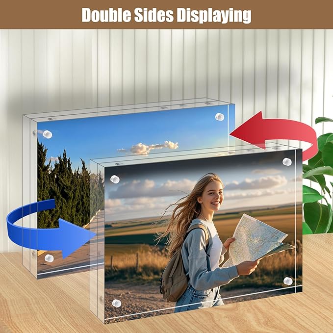 Egofine 8x8 Acrylic Frame, 20mm Thicker Frameless Clear Picture Frame, Double Sided Magnetic Picture Frame, Free Standing Desktop Display