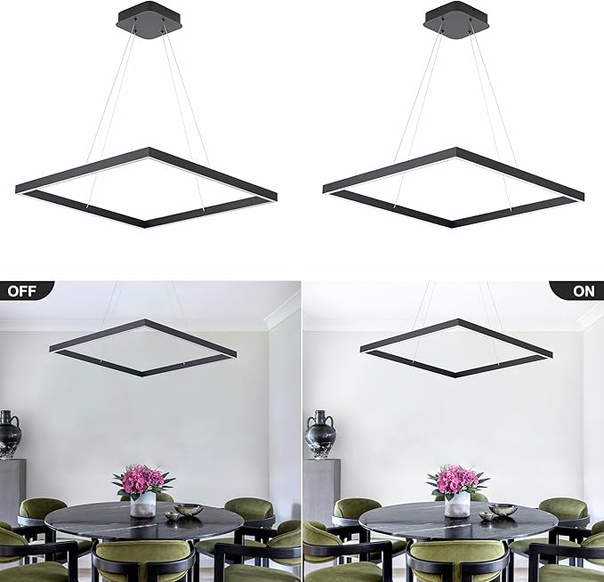 Black Modern Square Chandelier, Square Ceiling Light Fixture, Contemporary Chandelier Pendant Light for Kitchen Island, Dining Room, Bedroom