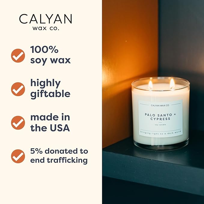 Calyan Wax Co. 2 Wick Candle, Palo Santo + Cypress Scented Candle, 37 Hour Burn Time, Aromatherapy Soy Candles, Non Toxic & Vegan Soy Wax, Glass Tumbler Scented Candles, 12.5oz