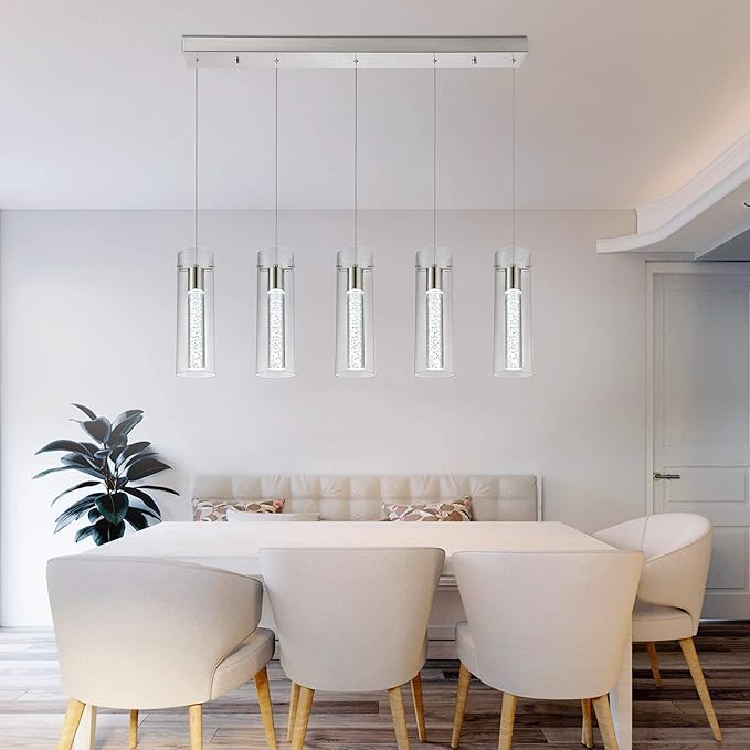Modern Kitchen Lighting Pendant Fixtures 5-Light LED Pendant Ceiling Fixture Brushed Nickel Bubble Cylinder Pendant Light with Adjustable Length for Kitchen Island Dinning Room Bedroom