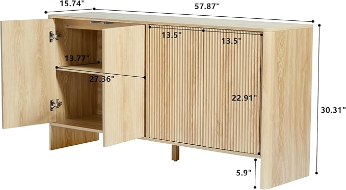 Sideboard Buffets Cabinet, Modern Accent Storage Cabinet with 4 Fluted Doors and Adjustable Shelves, Wood Credenza Buffet Sideboards, Console Table for Kitchen Dining Living Room Entryway (Natural)