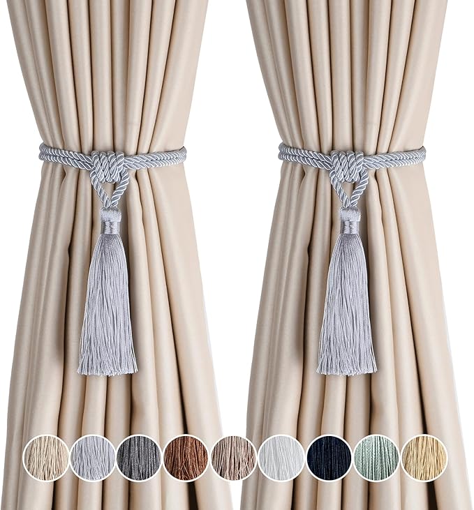Fenghuangwu Curtain Tiebacks Tassel Tie-Backs, Rope Curtain tie Backs Handmade Curtain Holdbacks Made from Polyester (Silver, 2p)