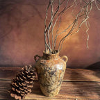 Rustic Pottery Ceramic Vase - Vintage Farmhouse Style Decor, White Grid Ceramic Vases for Home Decor, Modern Farmhouse Decor (Gray black)