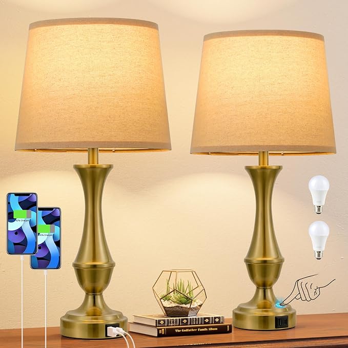 Upgraded Touch Lamps for Night Stands Set of 2 - Bedside Lamps with USB C+A, 3 Way Dimmable for Bedroom Living Room End Tables Office (Oat Shade&Coppery Base)