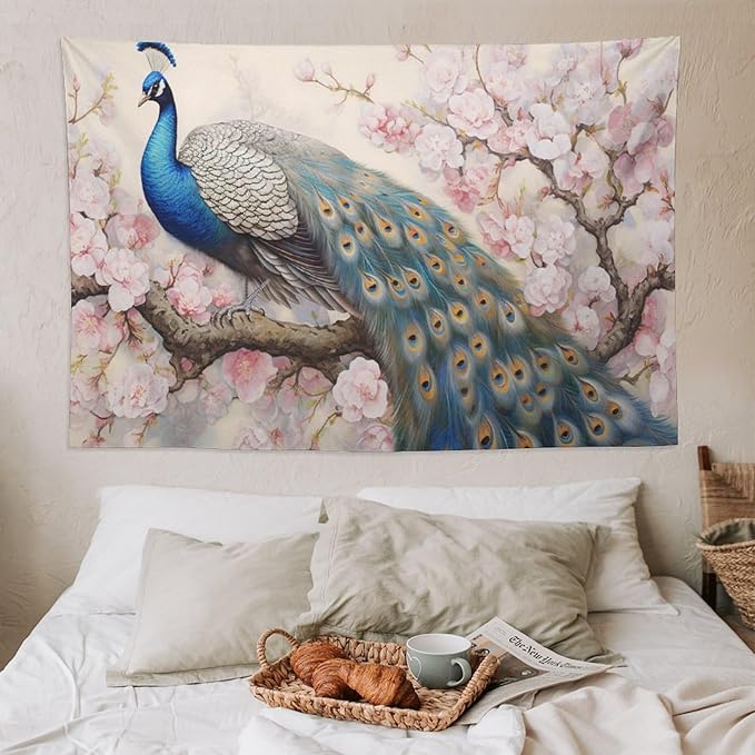 Peacock Tapestry Peacock Tapestries Fabric Wall Hanging Aesthetic Space Garden Indoor Outdoor Wall Art Tablecloth Bedspread Decoration for Bedroom Dormitory Living Room Home Decor 60"x90"
