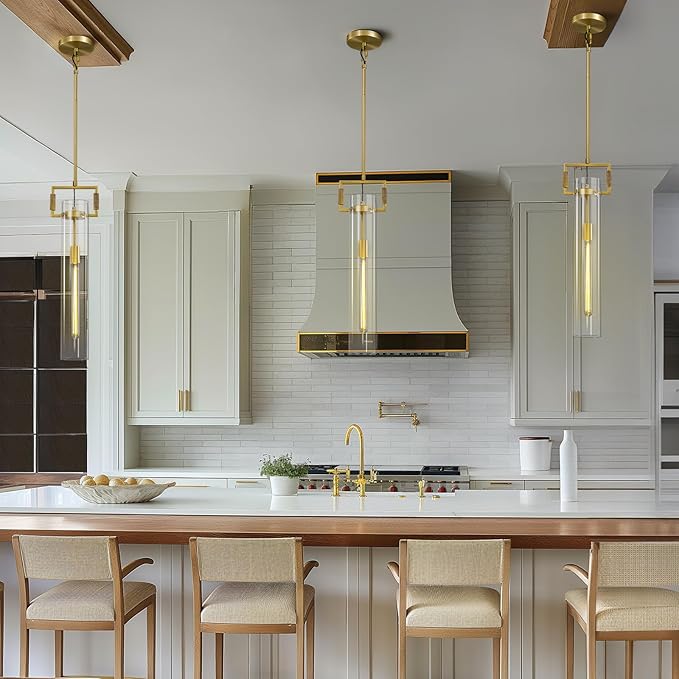 Modern Gold Pendant Light, 21'' Pendant Lights Kitchen Island Large, Adjustable Height Brass Pendant Light Glass Pendant Light Fixtures, for Dinning Room Farmhouse Bedroom Bathroom