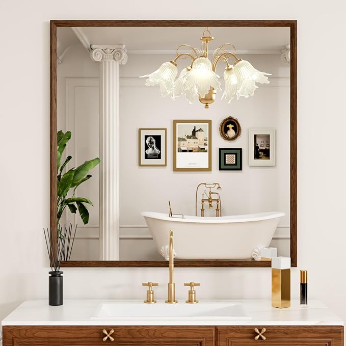 Bathroom Vanity Mirror 36x36 Inch, Walnut Rectangle Bathroom Mirror, Anti-Rust, 4MM Tempered Glass, Wall-Mounted Mirror, Hangs Horizontally or Vertically for Bathroom & Bedroom