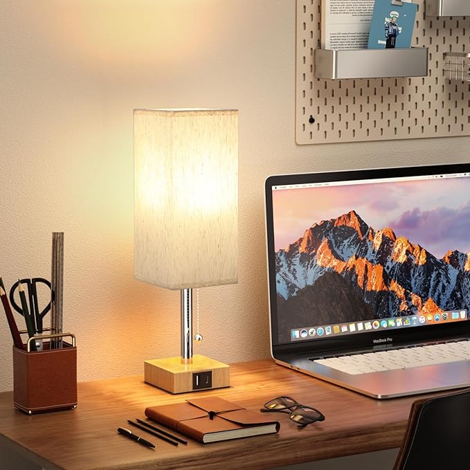 Wood Grain Bedside Table Lamps Set of 2 - Bedroom Lamps with 3 Color Temperatures (3000K/5000K/4000K), Square Nightstand Lamp with USB C + A Charging Ports