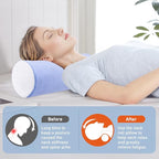 Neck Roll Pillow for Sleeping - 16 x 6.3 Inch Memory Foam Cervical Neck Pillow with Removable Cover - Multifunctional Bolster Pillow for Bed, Couch, Office, Yoga, and Travel (Blue White)