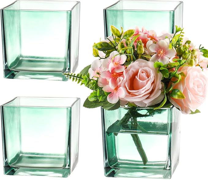 Square Glass Vases Set of 4, 5" x 5" x 5" Green Flower Vases for Centerpieces, Square Vase for Flowers, Small Vase for Wedding, Party, Home Office Decoration