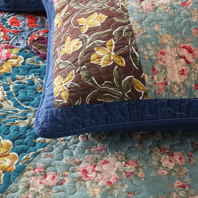 Cotton Bedspread Quilt Sets Reversible Bedding Coverlet Sets 3 Pieces Patchwork Blue Vintage Floral Paisley Bedspread, Queen Size
