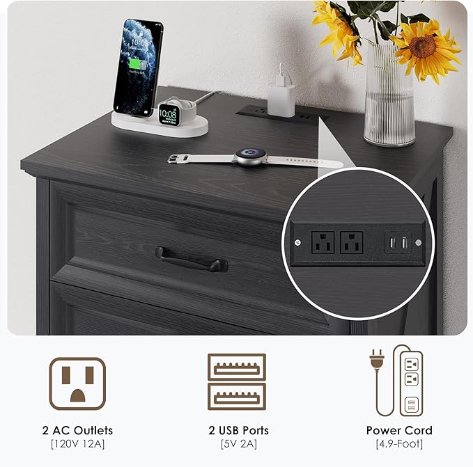 HOMMPA 24'' Farmhouse Nightstand with Charging Station, Bedside Tables with Storage, Side Table with USB Port, 3 Drawers End Table Dresser, Wood Night Stand for Bedroom, Living Room, Black