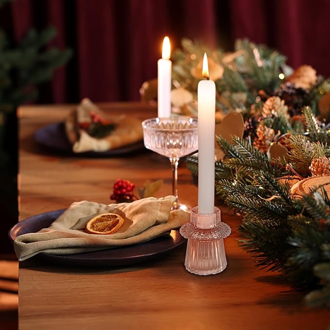 Candlestick Holders Set of 3, Ribbed Glass Taper Candle Holders, Reversible Clear Tealight & Candle Stick Candle Holder Vintage Crystal Tealight Candle Holder for Wedding Dinner Party