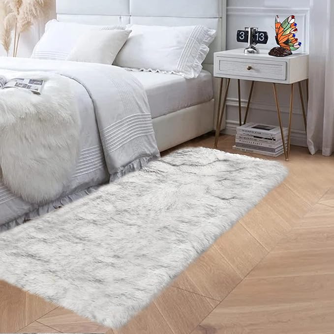 Goolela Fluffy Faux Fur Runner Rug 2x6 for Bedroom White with Grey Tips Faux Sheepskin Rug Bedside Dorm Washable Shaggy Plush Rectangle