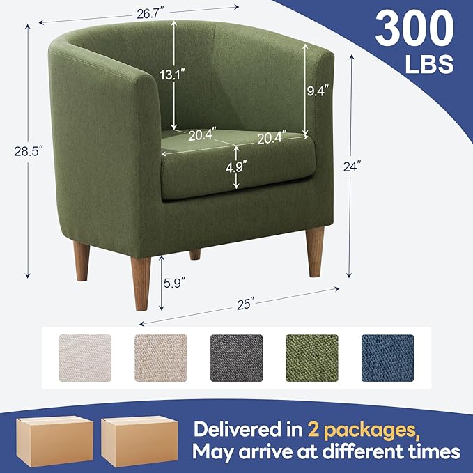 Accent Barrel Chairs Set of 2, Modern Comfy Living Room Chairs with Armrest Small Reading Chair with Cozy Soft Padded for Bedroom Reception Room Cafe,Green