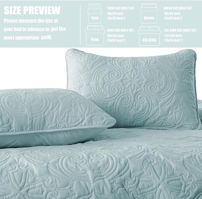 Exclusivo Mezcla Quilts Queen Size Bedding Set with 2 Pillow Shams, Lightweight Light Blue Full Queen Quilt Bedspread with Vintage Damask Pattern, Soft Bedspreads Coverlets for All Seasons