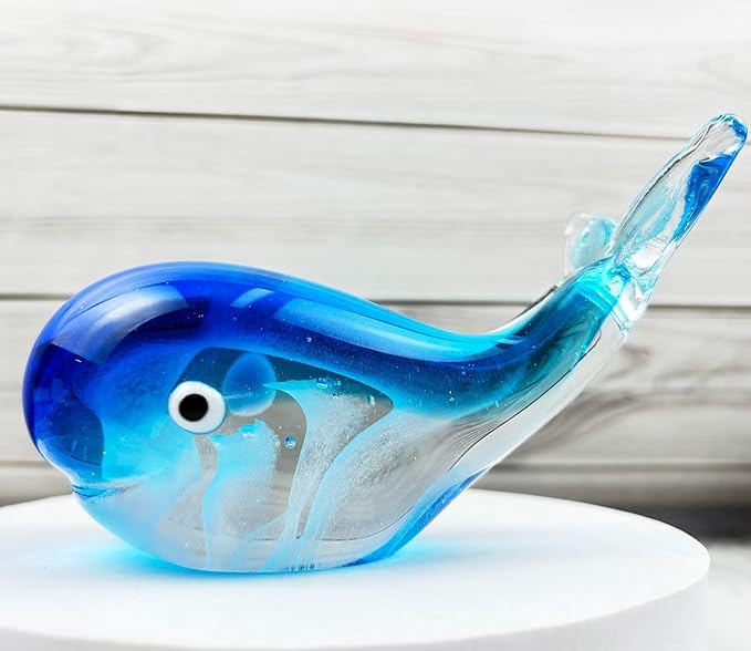 Crystal Whale Figurine Hand Blown Glass Whale Statue Collectibles Art Glass Sea Animal Paperweight Home Table Decor Gift Blue 5.1''
