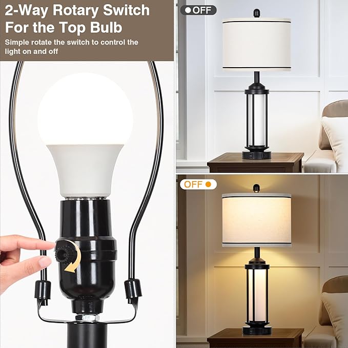 Table Lamps for Living Room Set of 2, Black Farmhouse Rustic Industrial Table Lamp with USB A+C Charging Ports & AC Outlet, 27" Modern Table Lamps with LED Night Light & Linen Fabric Lampshade