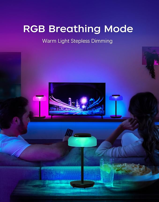 QiMH Battery Operated LED Table Lamp for Living Room, 5000mAh Cordless Desk Lamp with Stepless Dimmable Touch Control, Mini Rechargeable Night Light for Bedroom, Outdoor bar (Black-RGB)