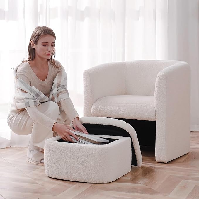 Mid-Century Velvet Living Room Chair with Storage Ottoman, Space-Saving Accent Chairs for Bedroom/Reading Spaces/Office, Cream