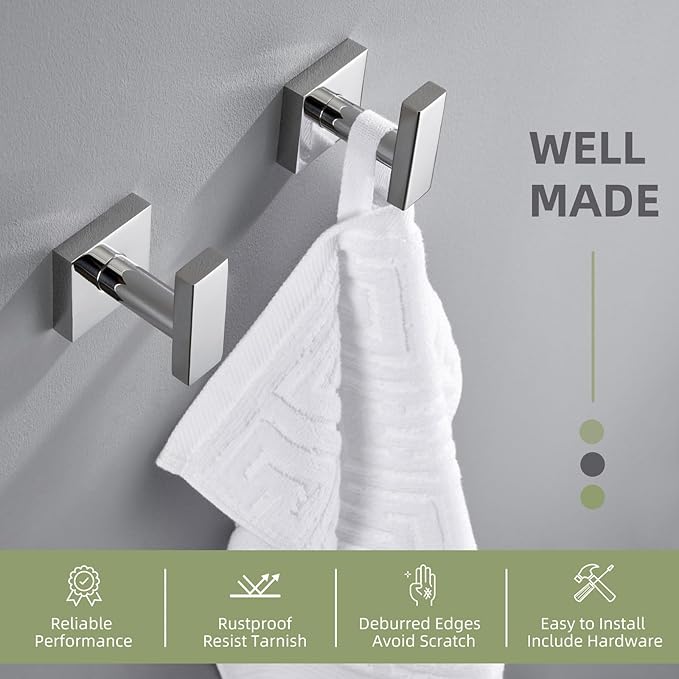 Angle Simple Bath Towel Hook 2 Pack, Stainless Steel Square Robe Coat Holder for Wall, Bathroom Kitchen Garage Wall Hook for Hanging Tools, Polished Chrome