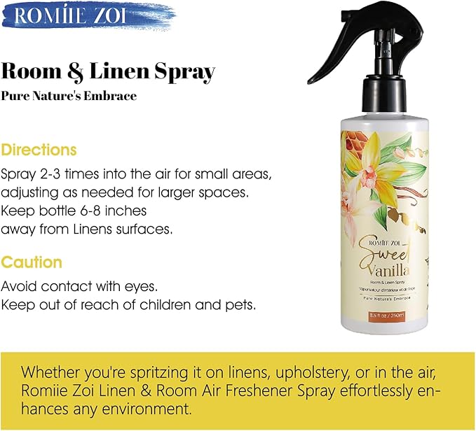 ROMIIE ZOI Linen & Room Air Freshener Spray Room Mist, with Natural Plant Extract, Scented Room Spray for Home Fragrance Fabric Spray Freshener Sweet Vanilla, 8.5 FL OZ
