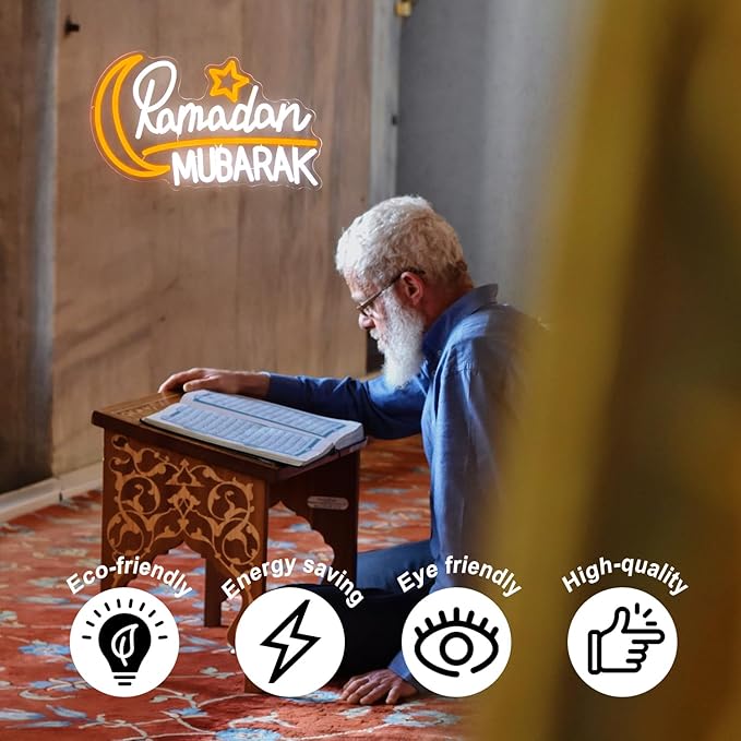 Ramadan Mubarak Neon Sign Islamic Wall Art Eid Mubarak Sign Moon Star LED Neon Light Dimmable Ramadan Neon LED Sign Bismillah Wall Sign Ramadan Mubarak Decorations Eid Al Fitr Supplies