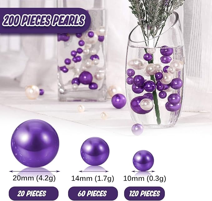 200 PCS Purple Vase Fillers, Pearls Bead for Centerpieces Vases, 10/14/20 MM No Hole Beads, Fake Pearls for Wedding Birthday Anniversary Theme Party Table Centerpieces Decor