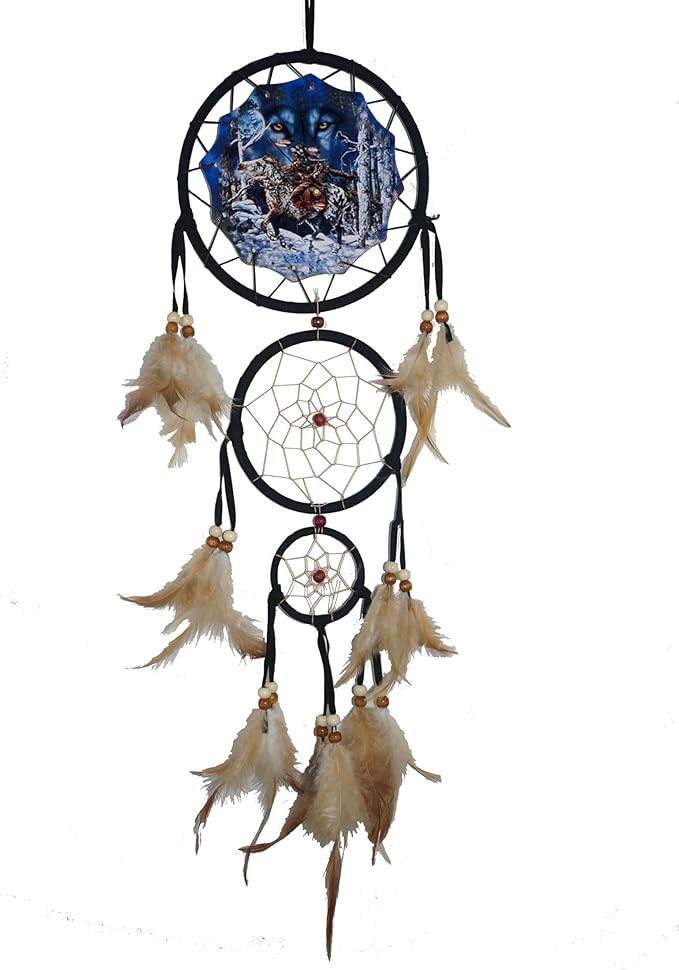 Triple Circles Wolf Eagle Bear Canvas Printing Dream Catcher Bedroom Wall Decor, Christmas Home Decoration,Widelife Wall Decoration Feather Decoration Remorlet (DC13 Wolf Scount)