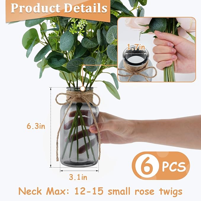 Vintage Glass Vases for Flowers, Set of 6 Grey Vases for Farmhouse Wedding Centerpiece Cylinder Bottle for Reception Table Decoration Home Decor Floral Arrangements