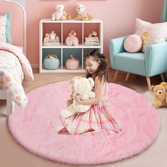 Pink Fluffy Round Area Rugs for Bedroom,5'X5'Shag Circle Area Rugs for Girls Room,Non Slip Fuzzy Plush Rug for Kids Room Living Room and Dorm Home Decor Rug