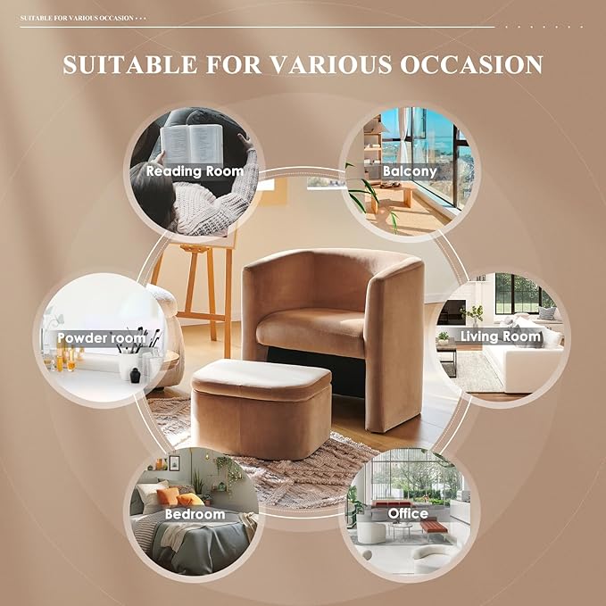 Mid-Century Velvet Living Room Chair Set of 2 with Storage Ottoman, Space-Saving Accent Chairs for Bedroom/Reading Spaces/Office, Khaki