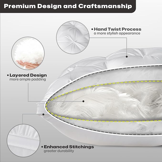 ZUBISU Standard Size Luxury White Goose Down Pillow,800 Fill Power Fluffy and Soft Hotel Feather Pillow,Ideal Bed Pillows for Side Sleepers,Pack of 1 (Standard, White)