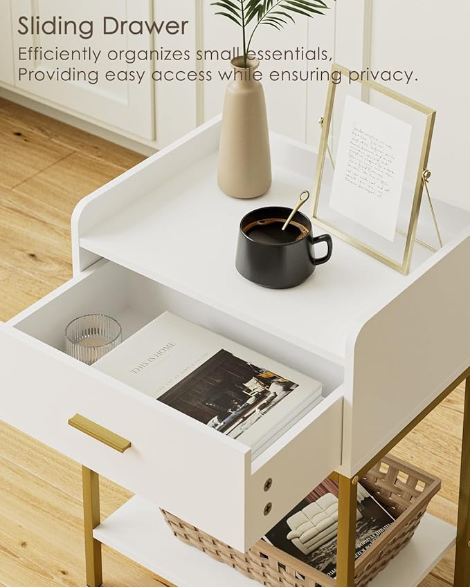 Masupu Nightstand,3-Tier Modern Bedside Night Stand with Storage Drawer and Shelf,Small End Side Table for Bedroom,Living Room,White (Without Outlet, White)