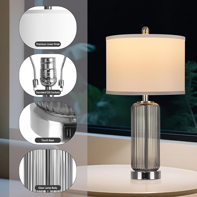 Table Lamps Set of 2 with Touch Control, 3-Way Dimmable Nightstand Lamp with Vertical Grained Glass, Grey Bedside Table Lamps, 27" Modern Glass Bedside Lamps with USB A+C Ports, Desk Lamp for Bedroom