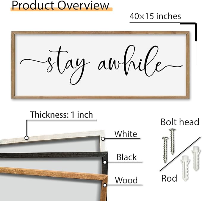 SRSZHIYUE Stay Awhile Sign Wall Decor Art 40"×15" Home Entryway Hallway Signs Large Wood Framed Wall Hanging (Wood)