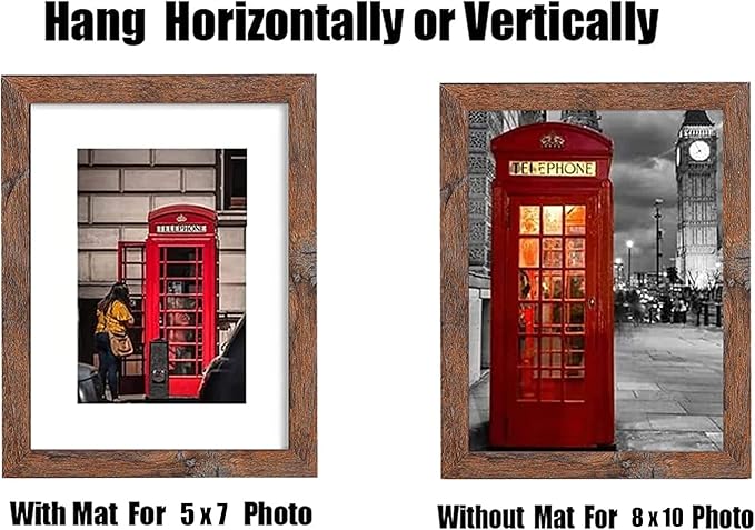 8x10 Picture Frame Set of 6, Display Pictures 5x7 with Mat or 8x10 Without Mat for Wall Mounting, Rustic Brown